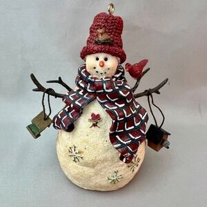 RAZ Imports Deb Strain Snowman Figurine Red Plaid Scarf Birds Birdhouses 4.5in